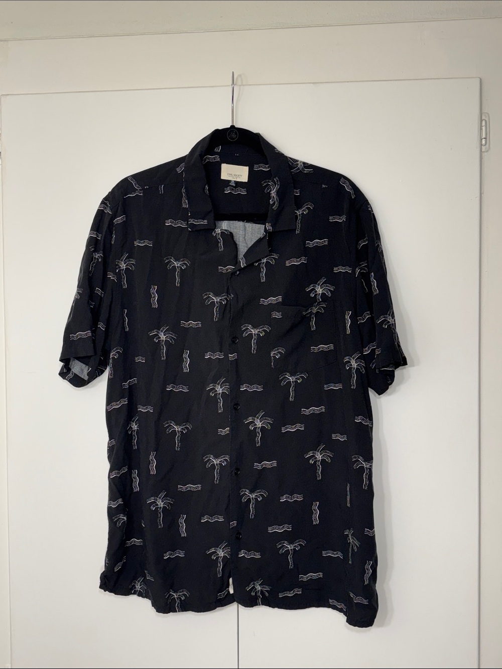 Civil Society Black Short-Sleeve Button-Down Shirt with White Palm Print